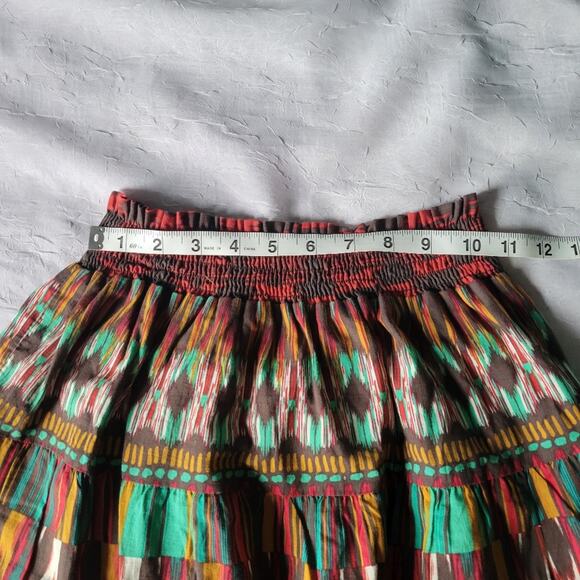 Belle du Jour Red Multicolor Tribal Print Boho Tiered Ruffle Skirt sz M - Picture 3 of 4